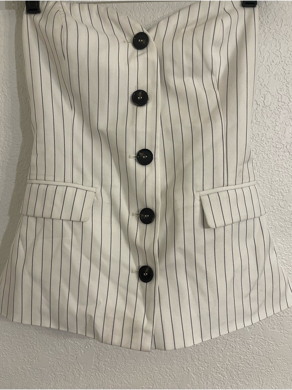 Flying Tomato White Pinstripe Button-Down Top with Black Buttons
